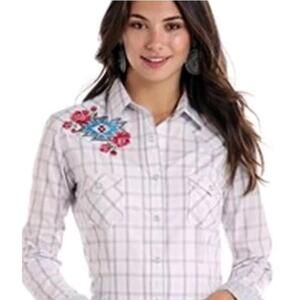 Panhandle Western Size L Plaid Embroidered  Floral Pearl Snaps Women's Shirt #W2